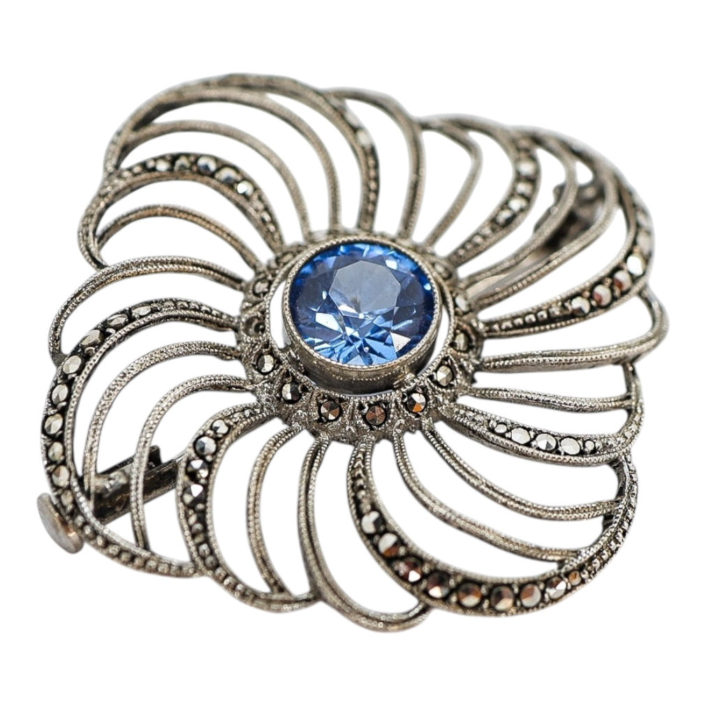 Vintage-Style Sterling Silver 925 Marcasite Flower Brooch - Blue Faceted Glass Center, 1.5”