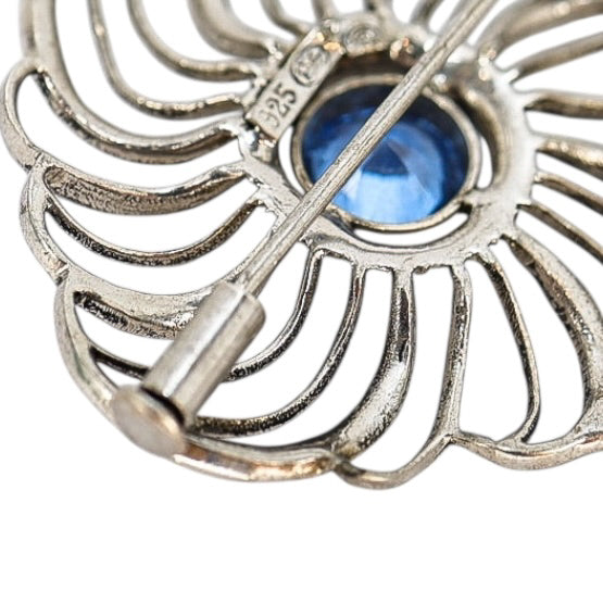 Vintage-Style Sterling Silver 925 Marcasite Flower Brooch - Blue Faceted Glass Center, 1.5”