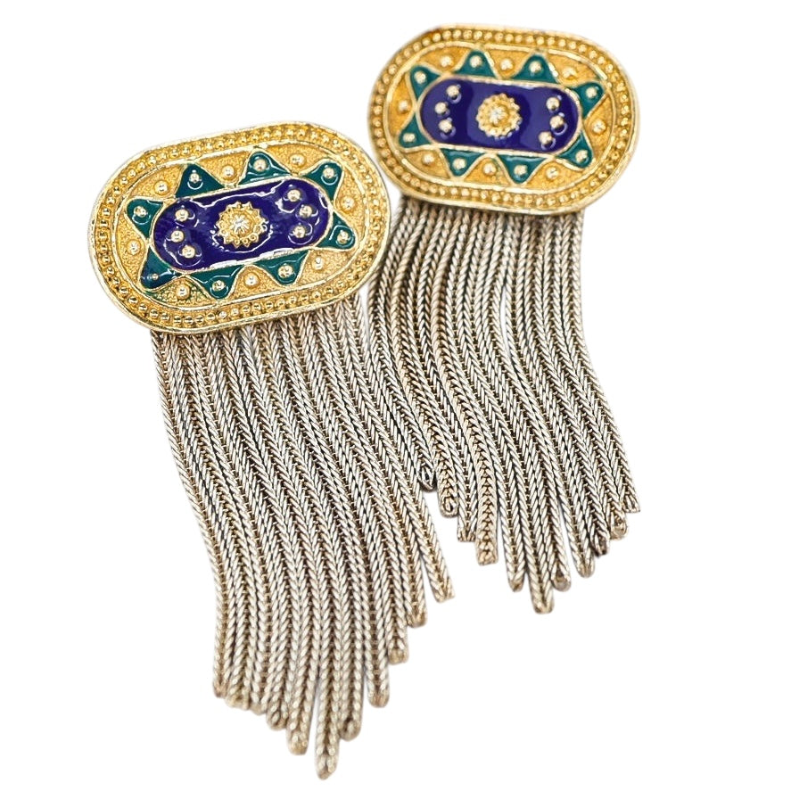 Vintage BANU 925 Enamel Tassel Earrings Turkish Ottoman Revival Jewelry