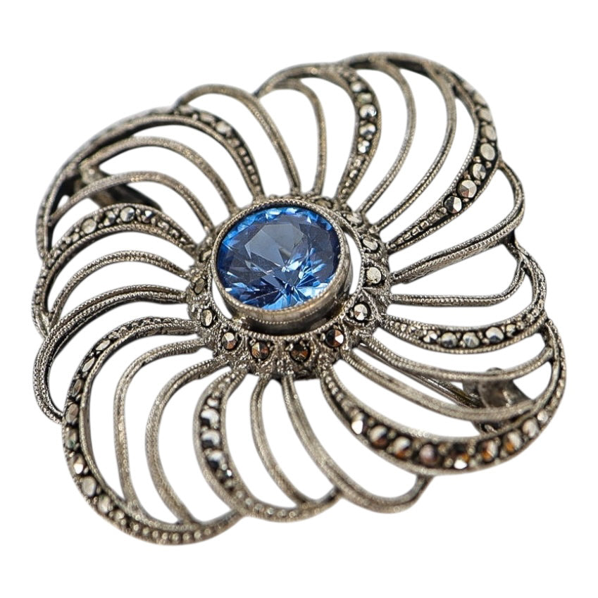 Vintage-Style Sterling Silver 925 Marcasite Flower Brooch - Blue Faceted Glass Center, 1.5”