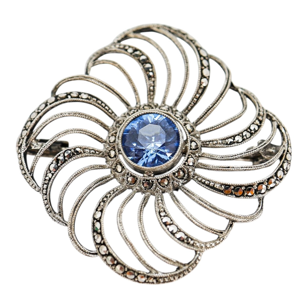 Vintage-Style Sterling Silver 925 Marcasite Flower Brooch - Blue Faceted Glass Center, 1.5”