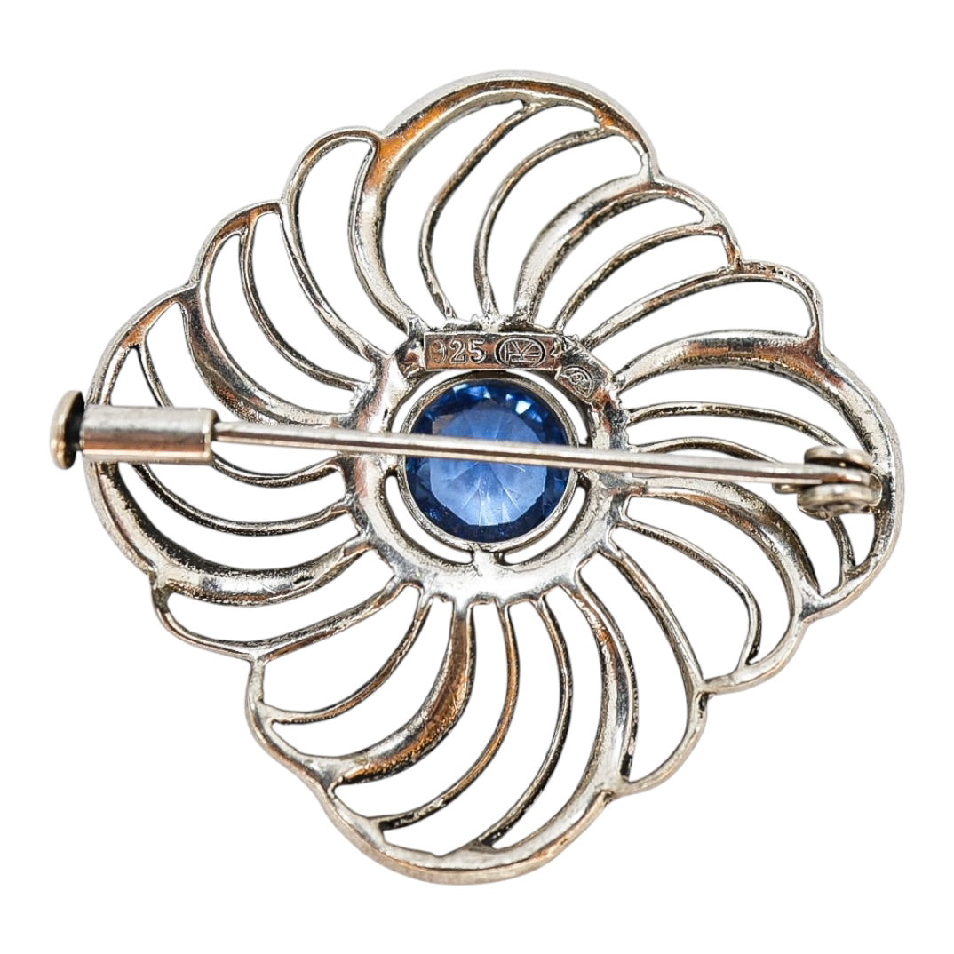 Vintage-Style Sterling Silver 925 Marcasite Flower Brooch - Blue Faceted Glass Center, 1.5”