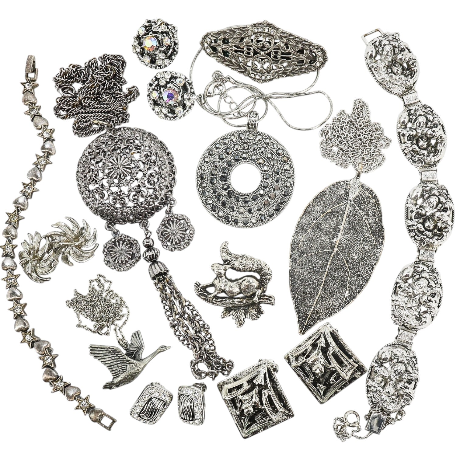 Silver Tone Filigree Whimsical Jewelry Lot - Nature Inspired Vintage To Now
