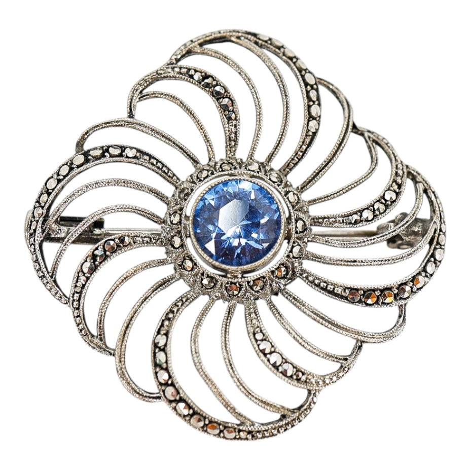 Vintage-Style Sterling Silver 925 Marcasite Flower Brooch - Blue Faceted Glass Center, 1.5”