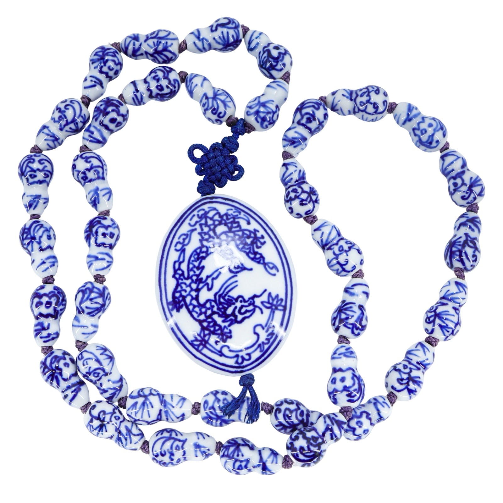 Rat & Dragon Blue & White Porcelain Gourd Hulu Bead Necklace