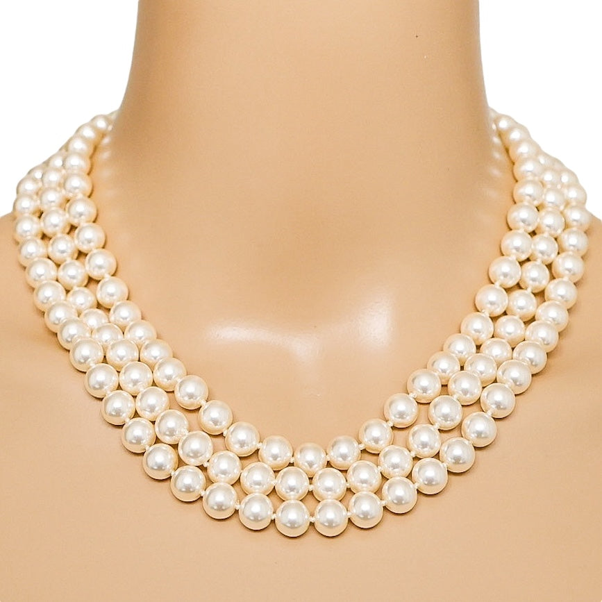 Classic Triple-Strand Faux Pearl Choker Necklace with Rhinestone Clasp