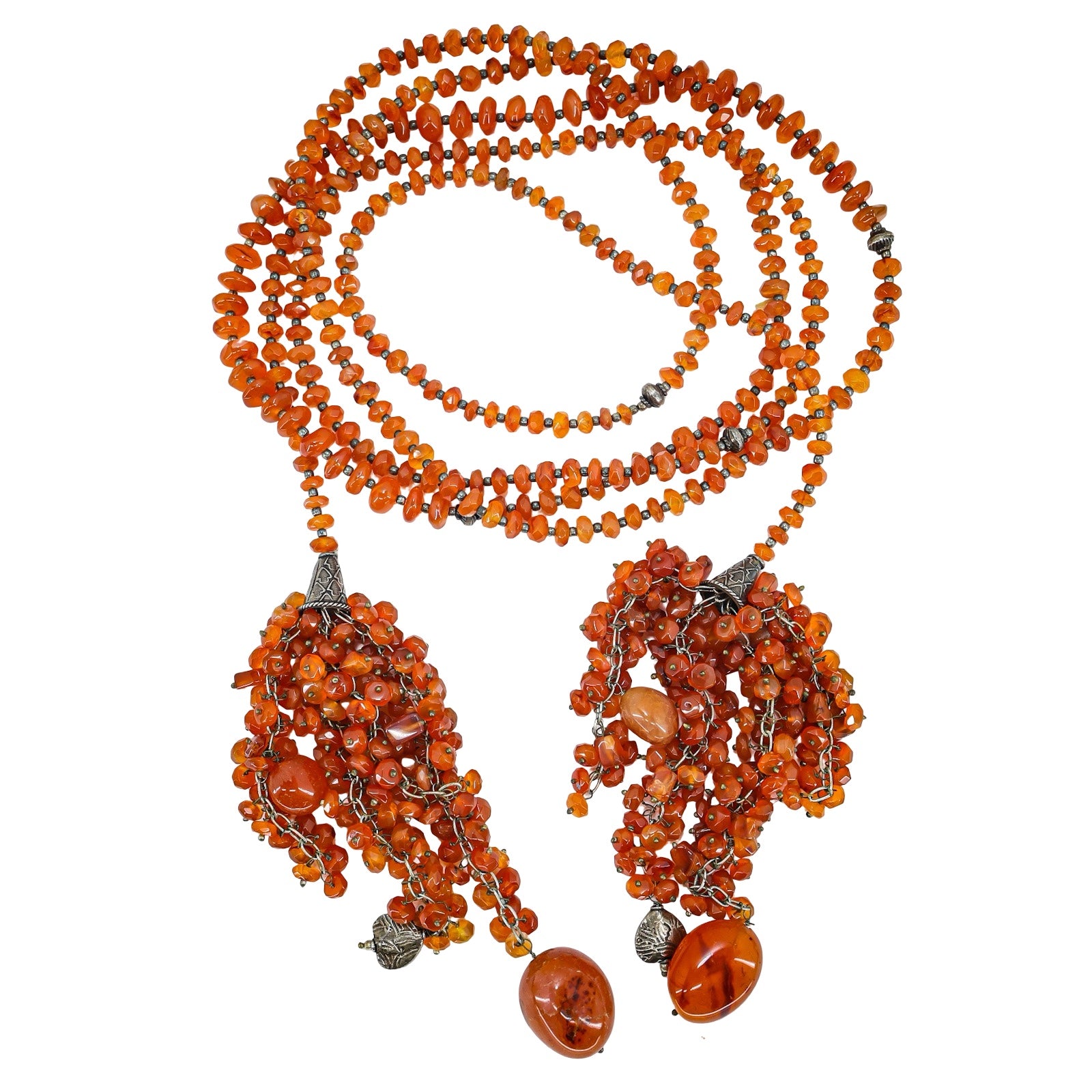 Statement Artisan Carnelian Agate Sterling Silver Open End Lariat Tassel Necklace 62in