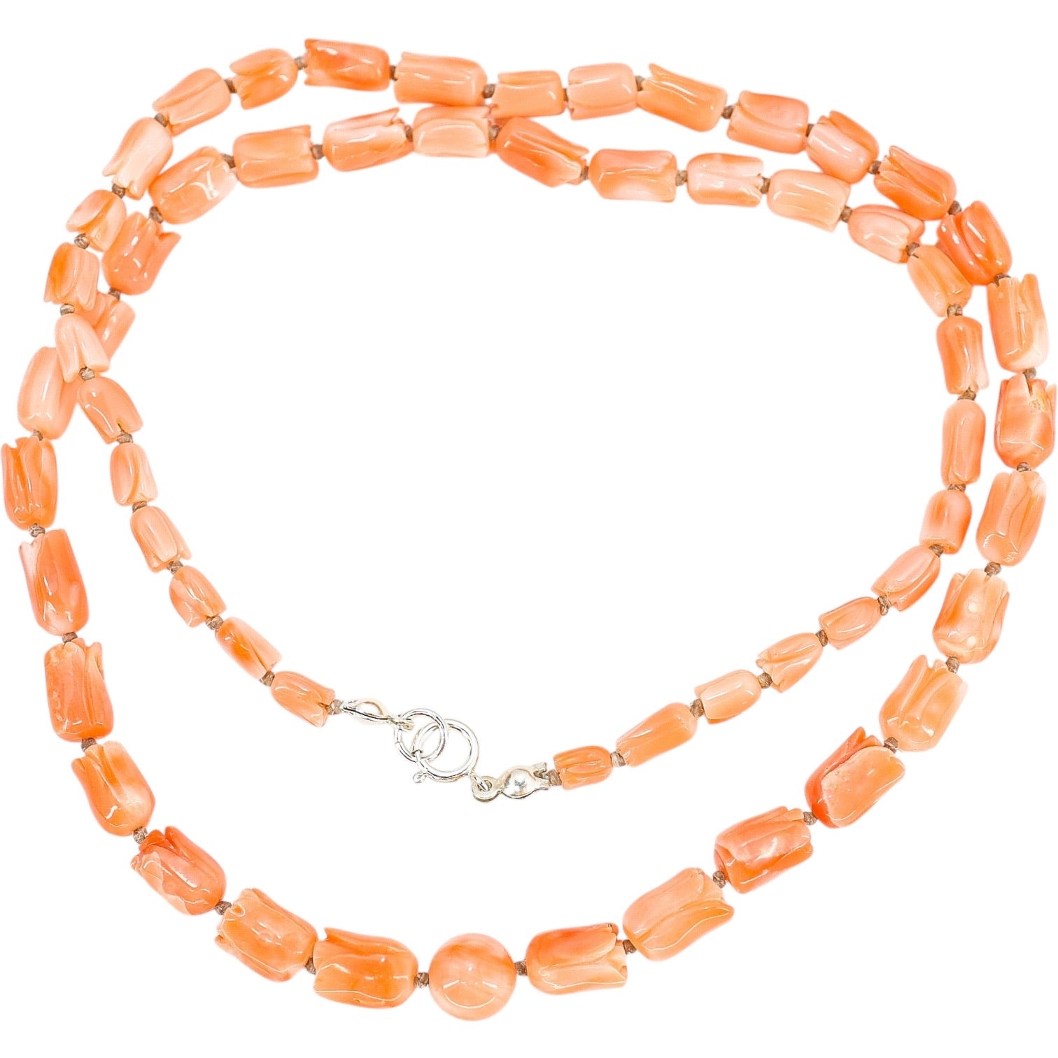 Vintage Tulip Bud Carved Salmon Pink Momo Coral Necklace 17g 19”