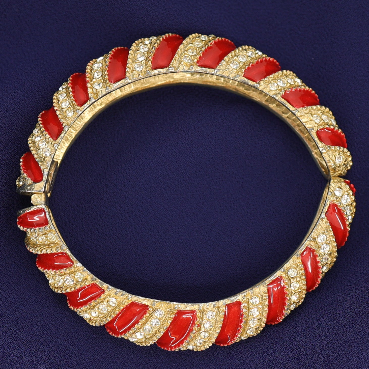 Vintage 1980s Les Bernard Red Enamel & Crystal Swirl Bangle Bracelet
