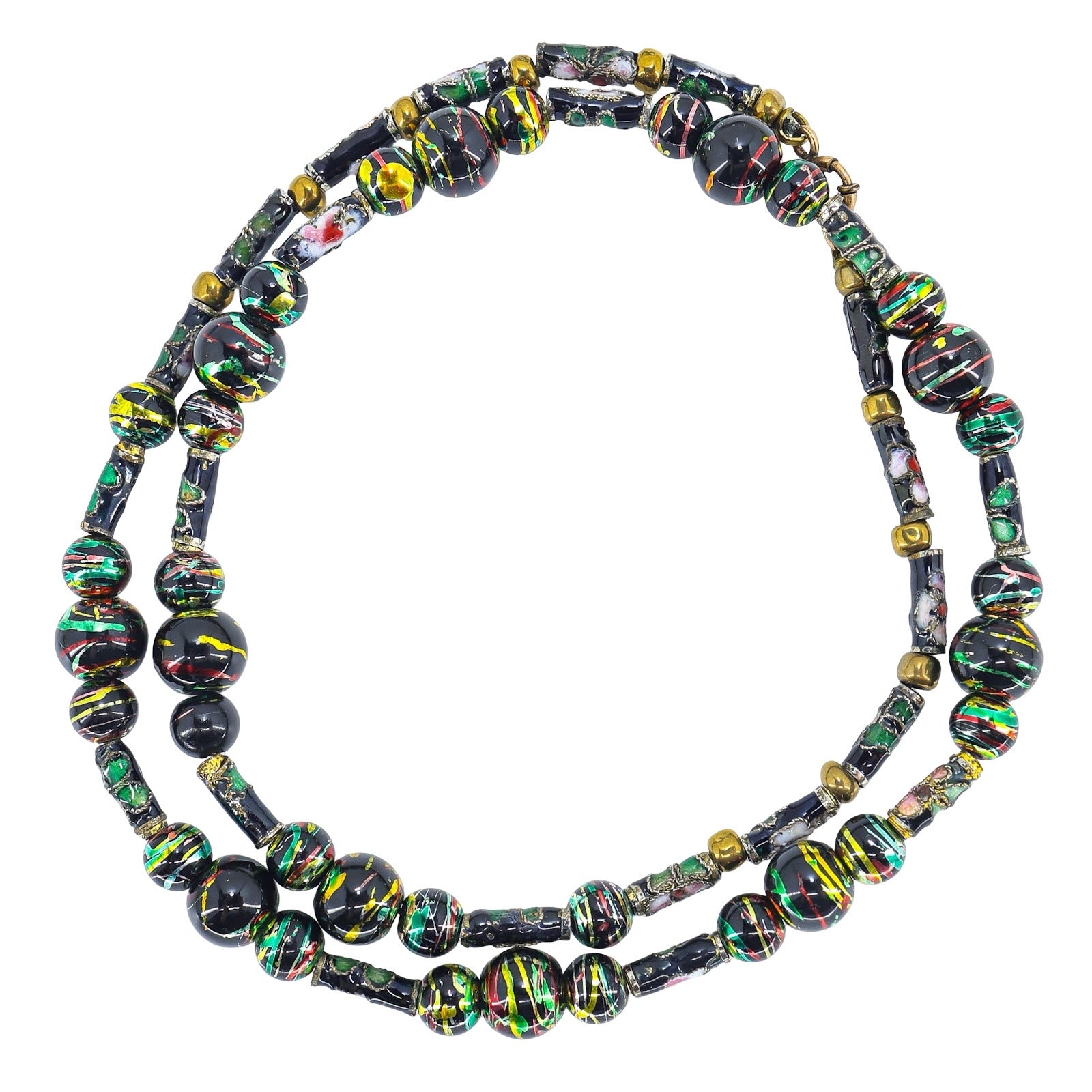 Vintage Tube Cloisonne & Carnival Bead Necklace - In Black Gold Green Colors