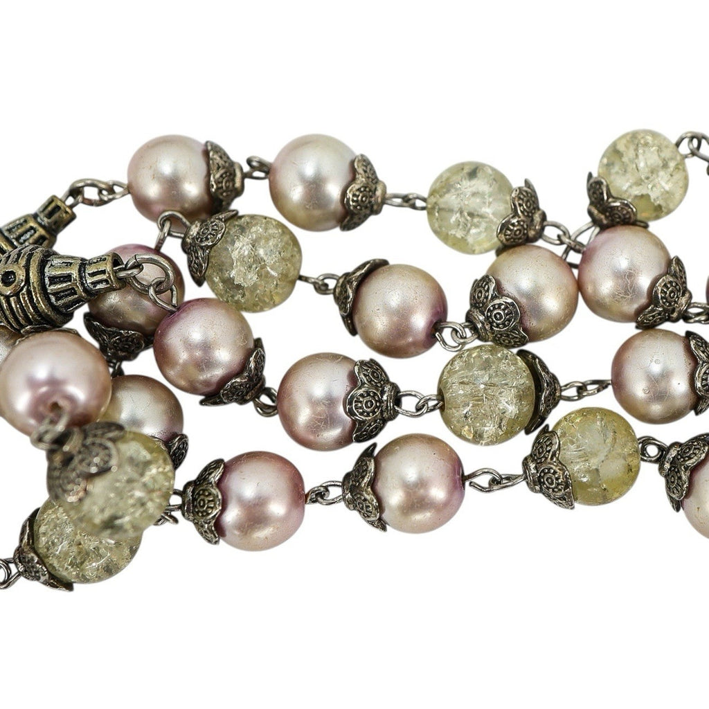 Vintage Large Display Ceremonial Ornate Rosary Faux Pearl & Crackle Glass Beads