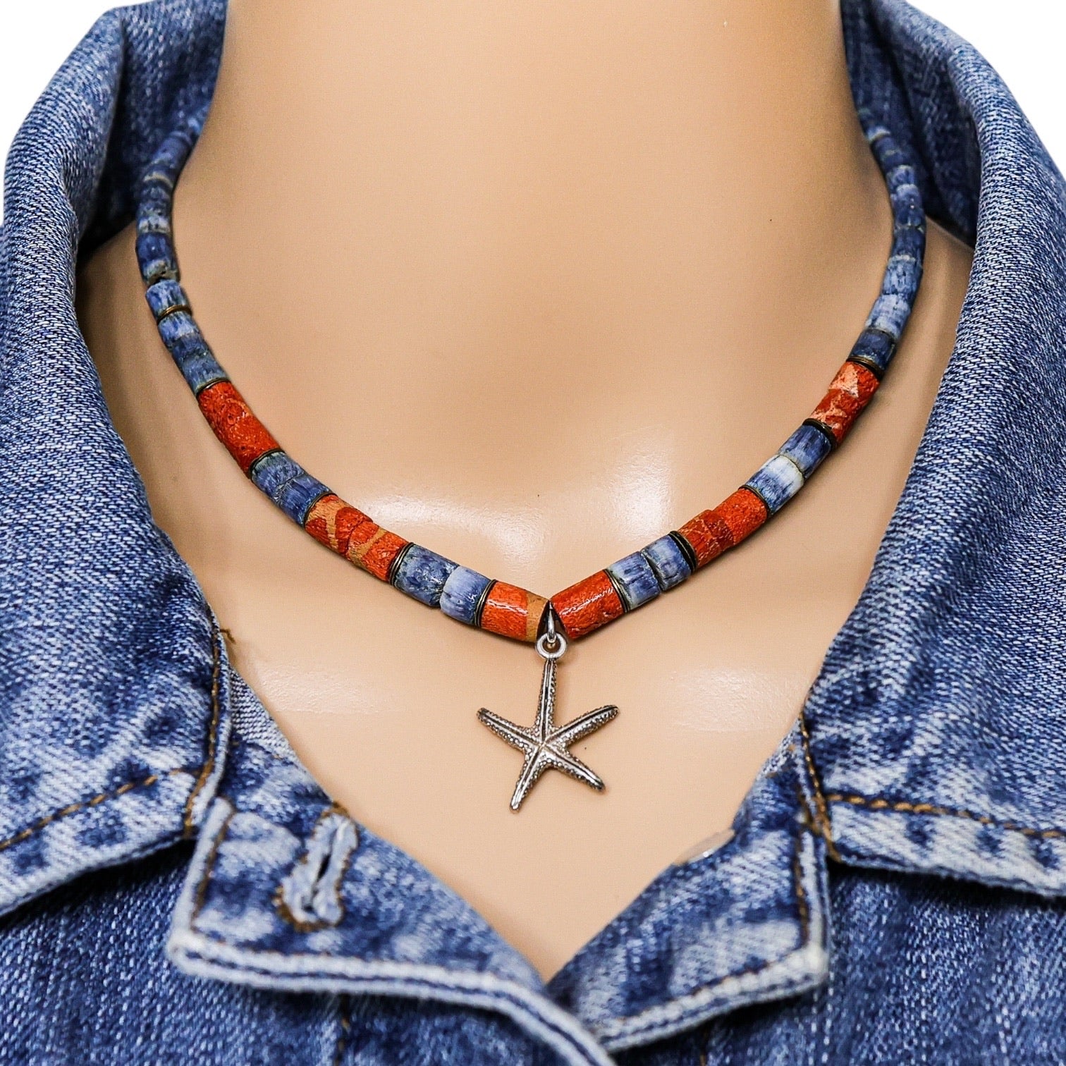 Vintage Denim Blue & Red Coral Heishi Bead Necklace With Starfish Pendant