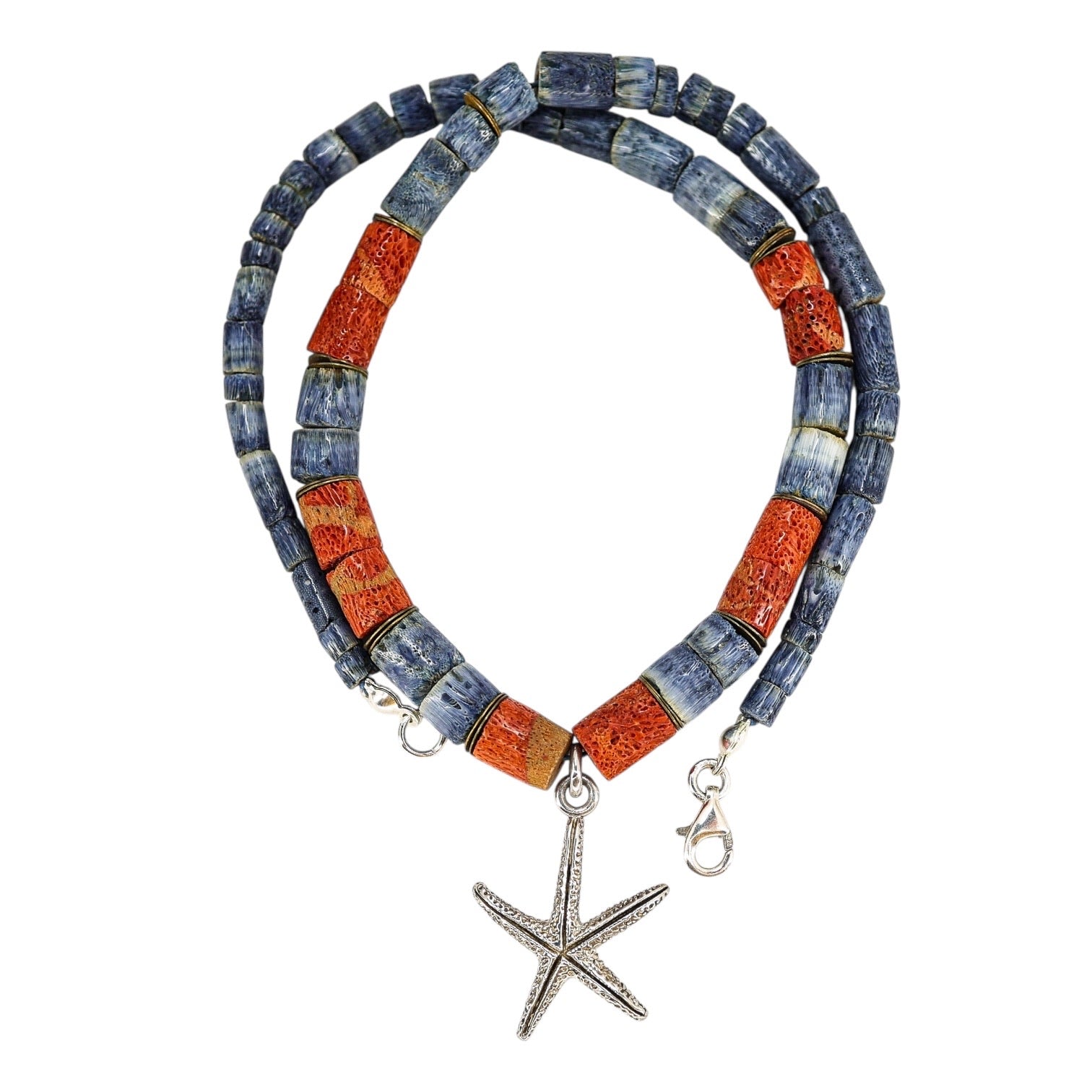 Vintage Denim Blue & Red Coral Heishi Bead Necklace With Starfish Pendant