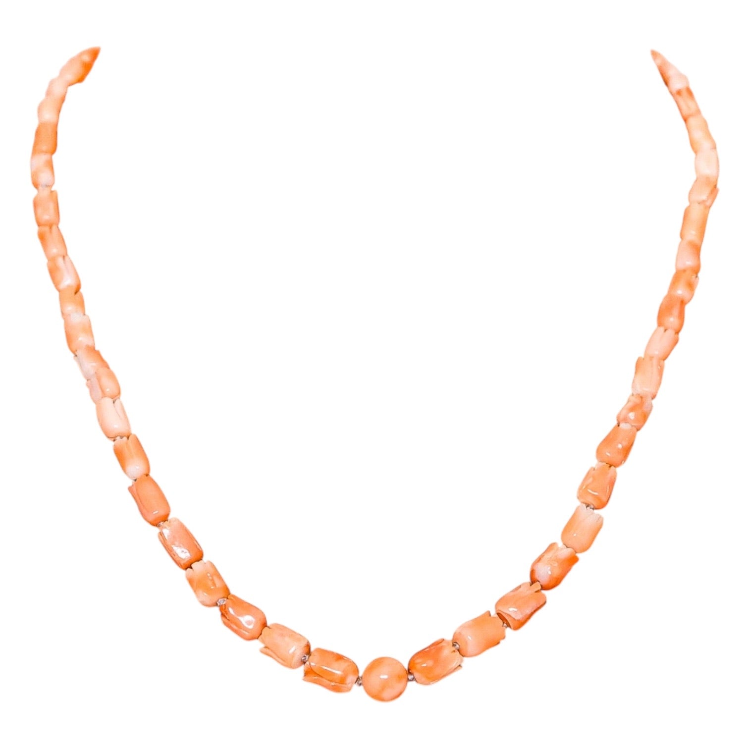 Vintage Tulip Bud Carved Salmon Pink Momo Coral Necklace 17g 19”