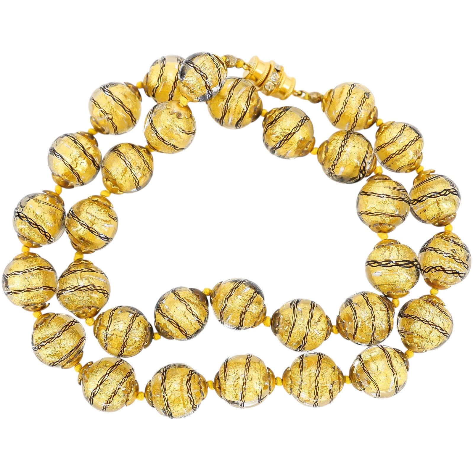 Murano Gold Foil Sommerso And Filigrana Spiral Black Thread Necklace 23”
