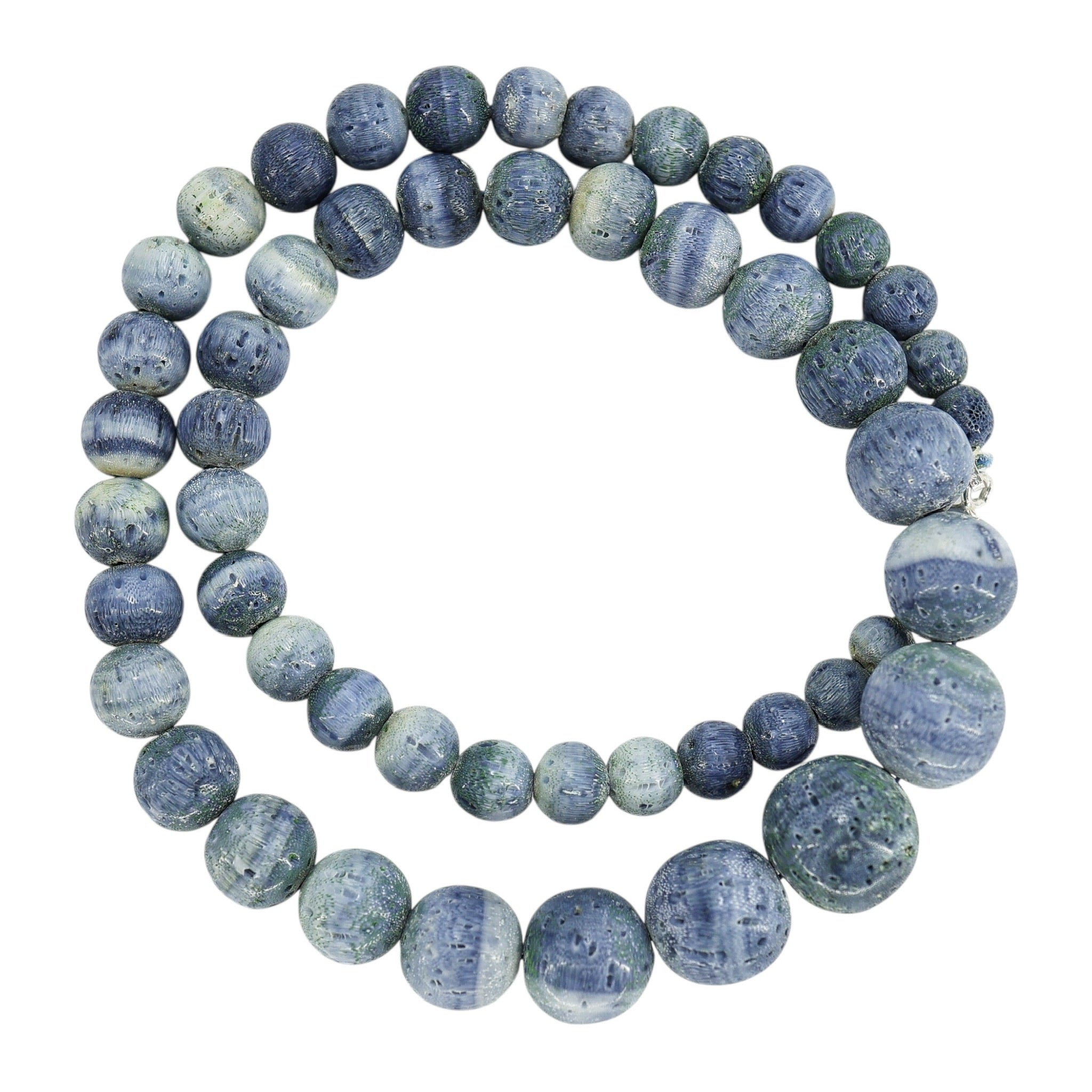 Vintage Blue Denim Coral Round Beads Restrung Sterling Clasp