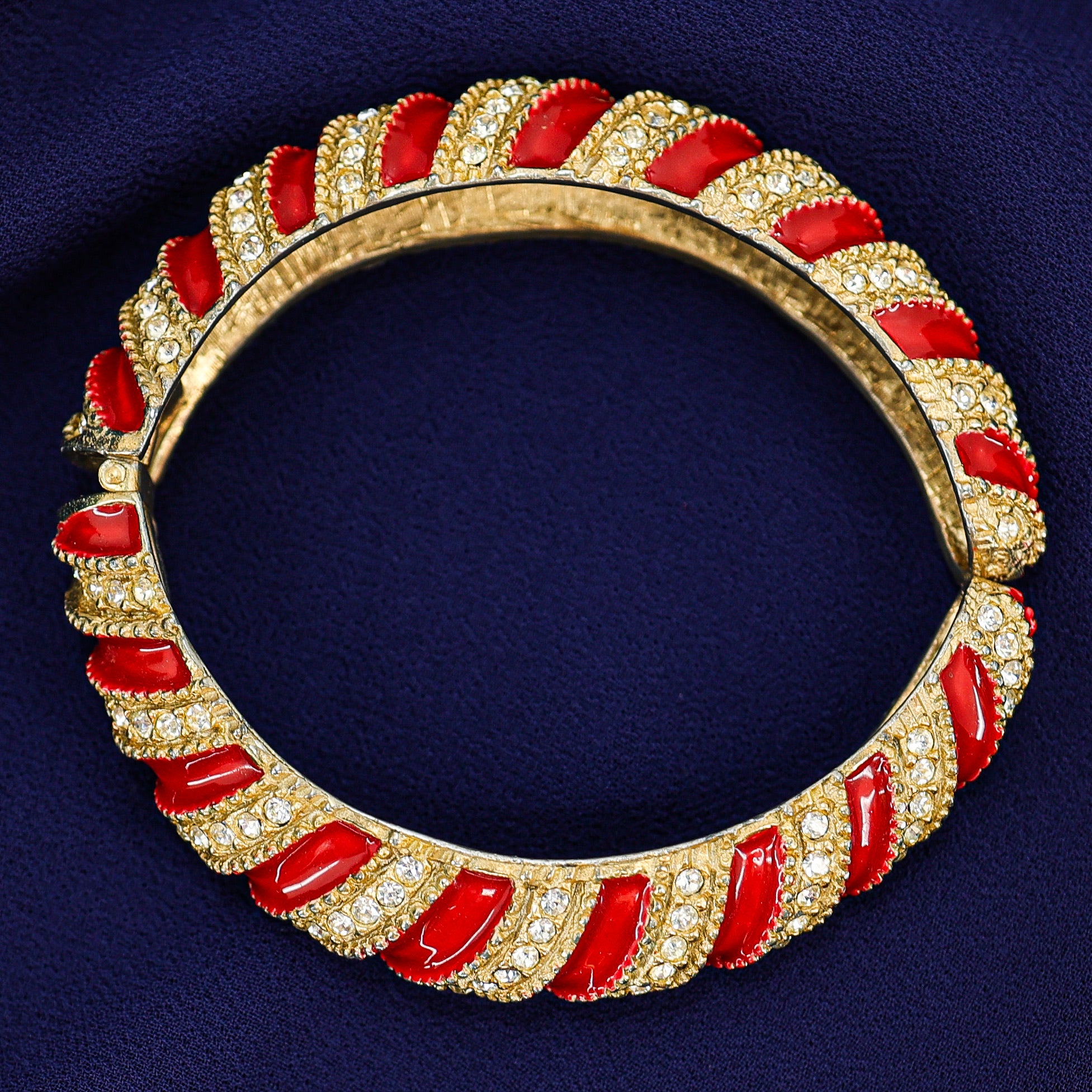 Vintage 1980s Les Bernard Red Enamel & Crystal Swirl Bangle Bracelet