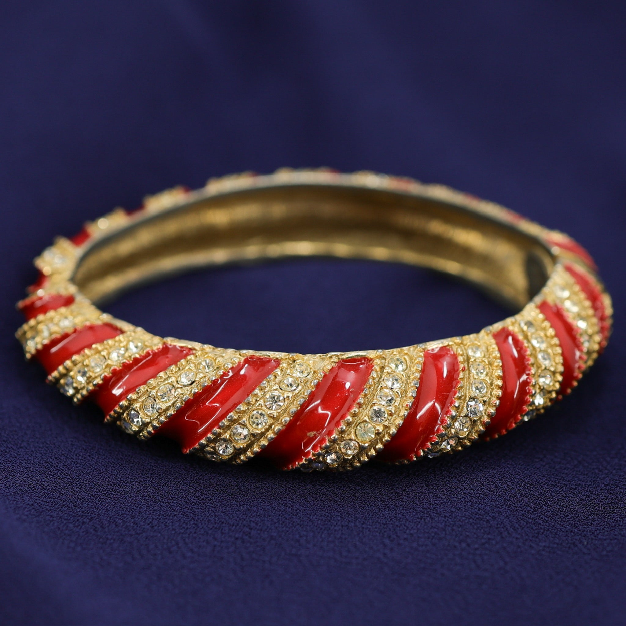 Vintage 1980s Les Bernard Red Enamel & Crystal Swirl Bangle Bracelet