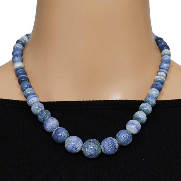 Vintage Blue Denim Coral Round Beads Restrung Sterling Clasp