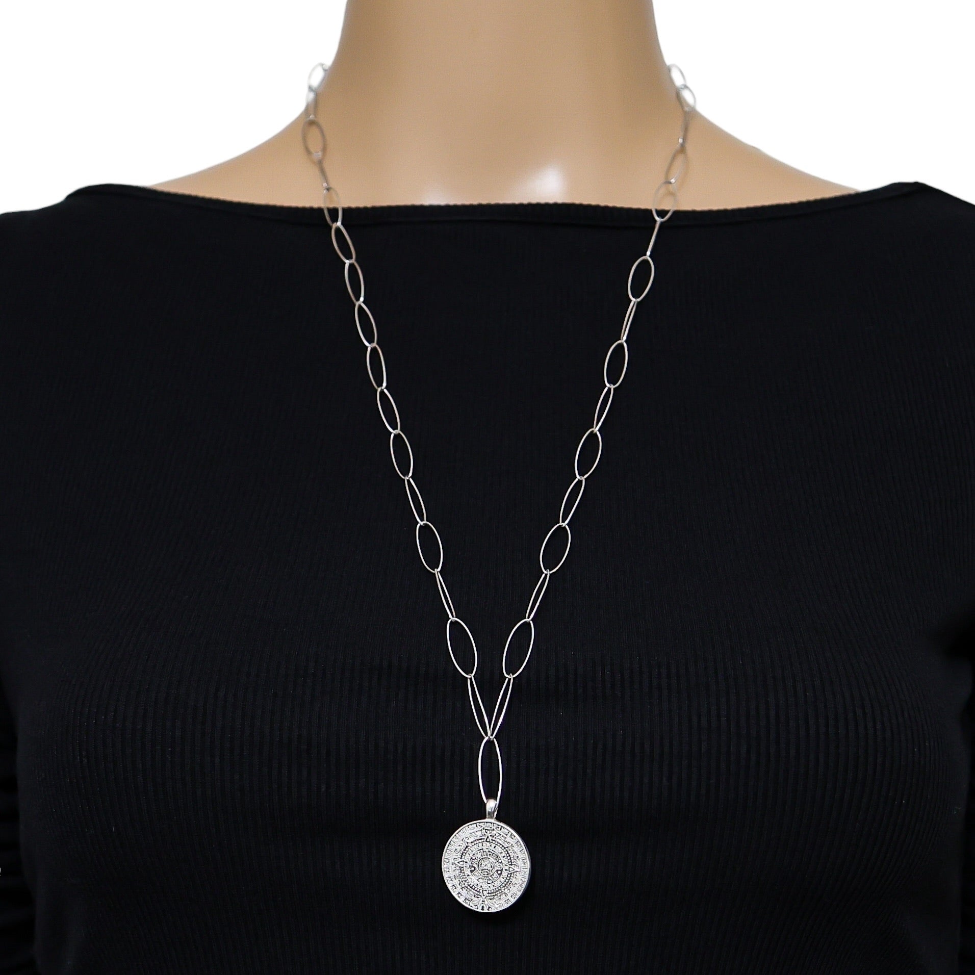 Vintage Handcrafted Sterling Aztec Calendar Pendant Necklace On Paperclip Chain