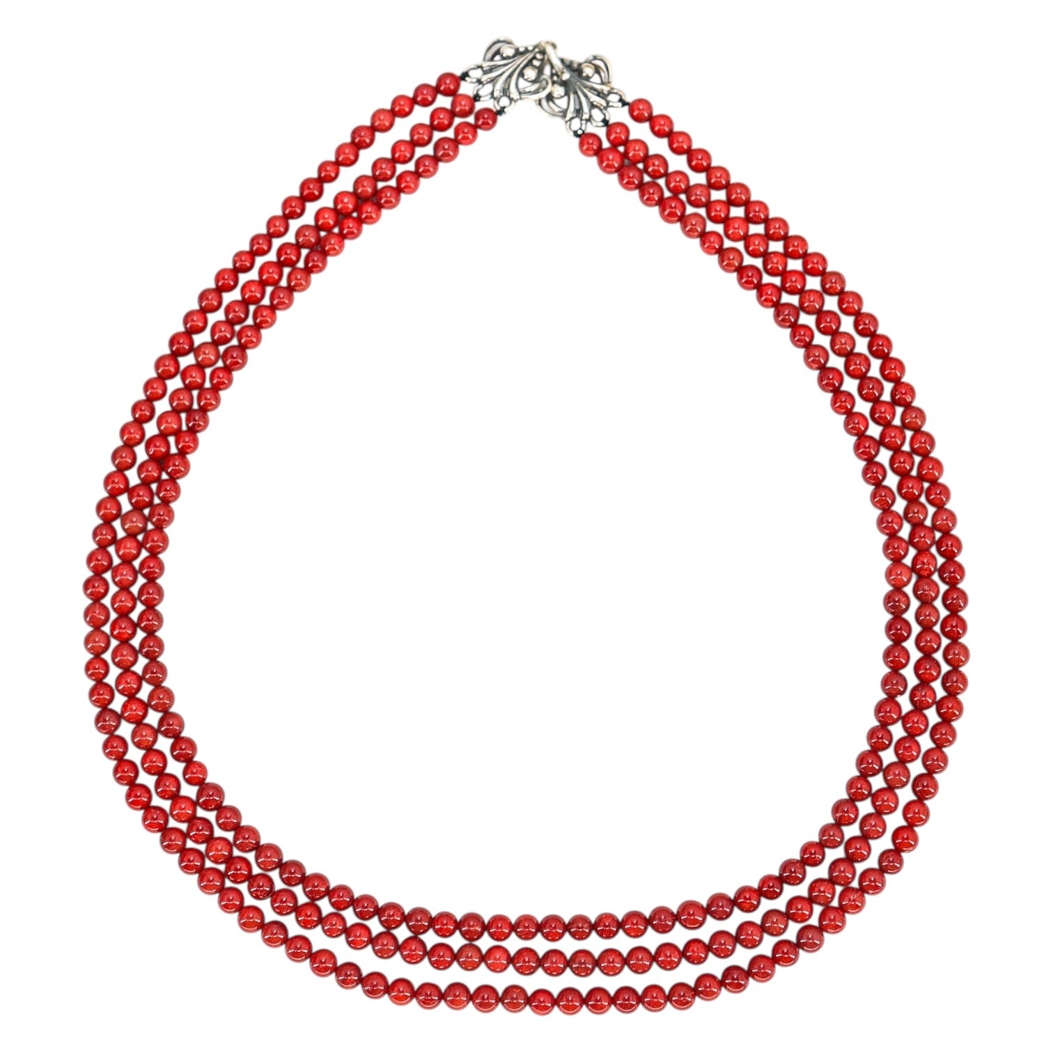 Vintage NOS Pacific Oxblood Coral Beads - 3-Strand Necklace Ornate 925 Clasp