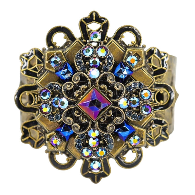 Early Studio Signed Sweet Romance Peacock Midnight Cross Cuff Bracelet In Bronze Finish