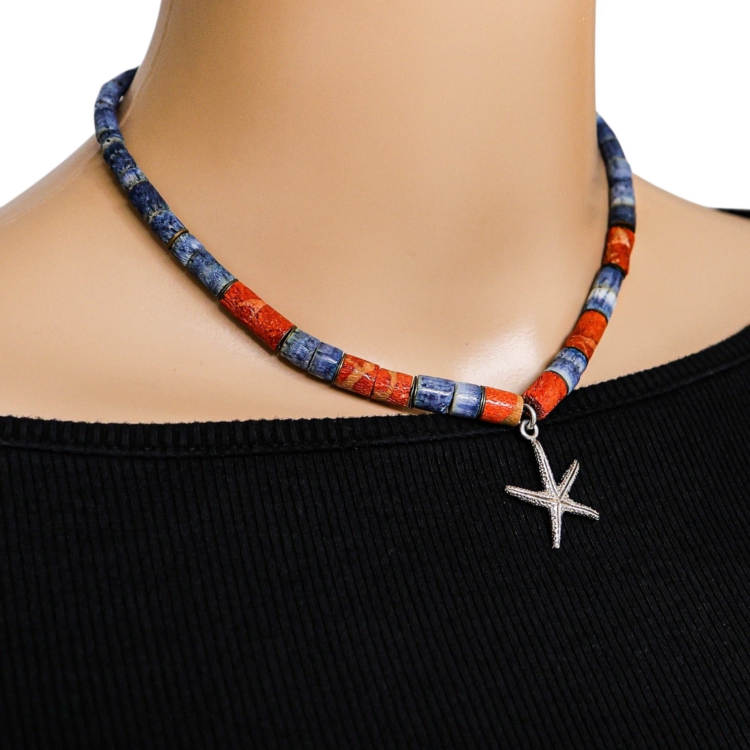 Vintage Denim Blue & Red Coral Heishi Bead Necklace With Starfish Pendant
