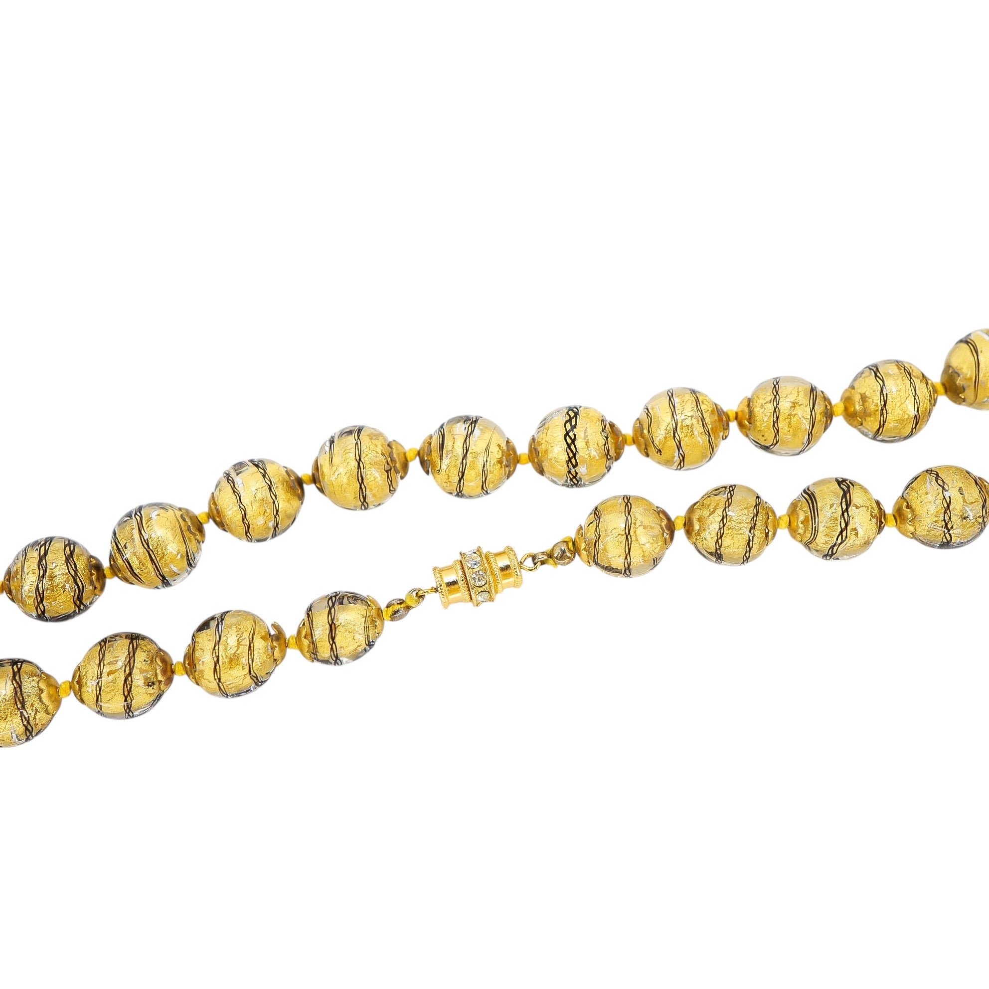 Murano Gold Foil Sommerso And Filigrana Spiral Black Thread Necklace 23”