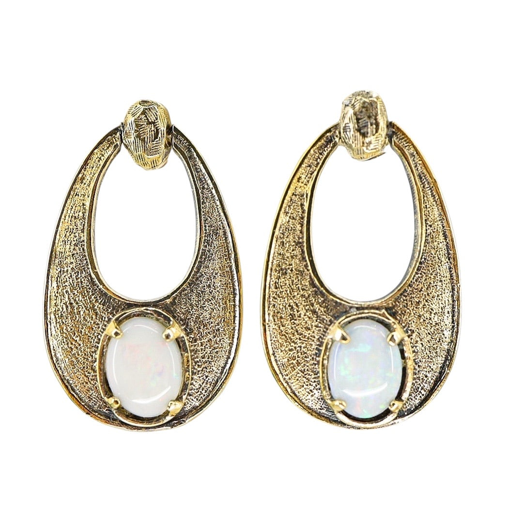 Vintage Wells Sterling  Earrings Textured Vermeil Australian Opal Oval Drop