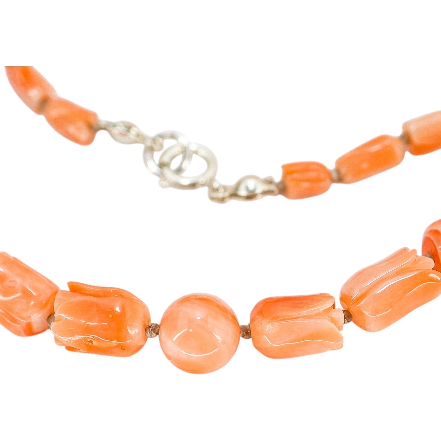 Vintage Tulip Bud Carved Salmon Pink Momo Coral Necklace 17g 19”
