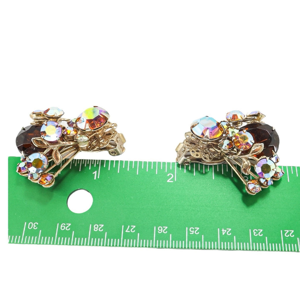 Large Vintage Mid Century Rhinestone Clip On Earrings Faux Topaz AB Filigree