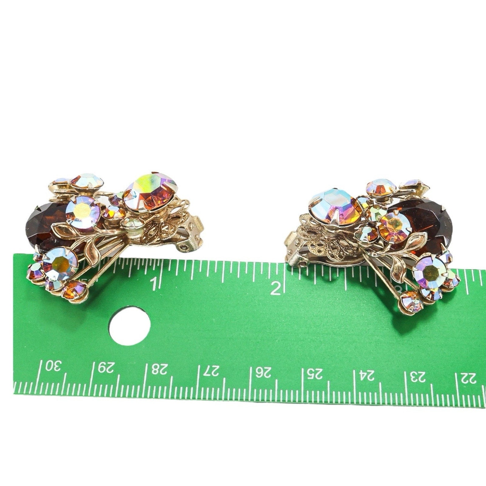 Large Vintage Mid Century Rhinestone Clip On Earrings Faux Topaz AB Filigree