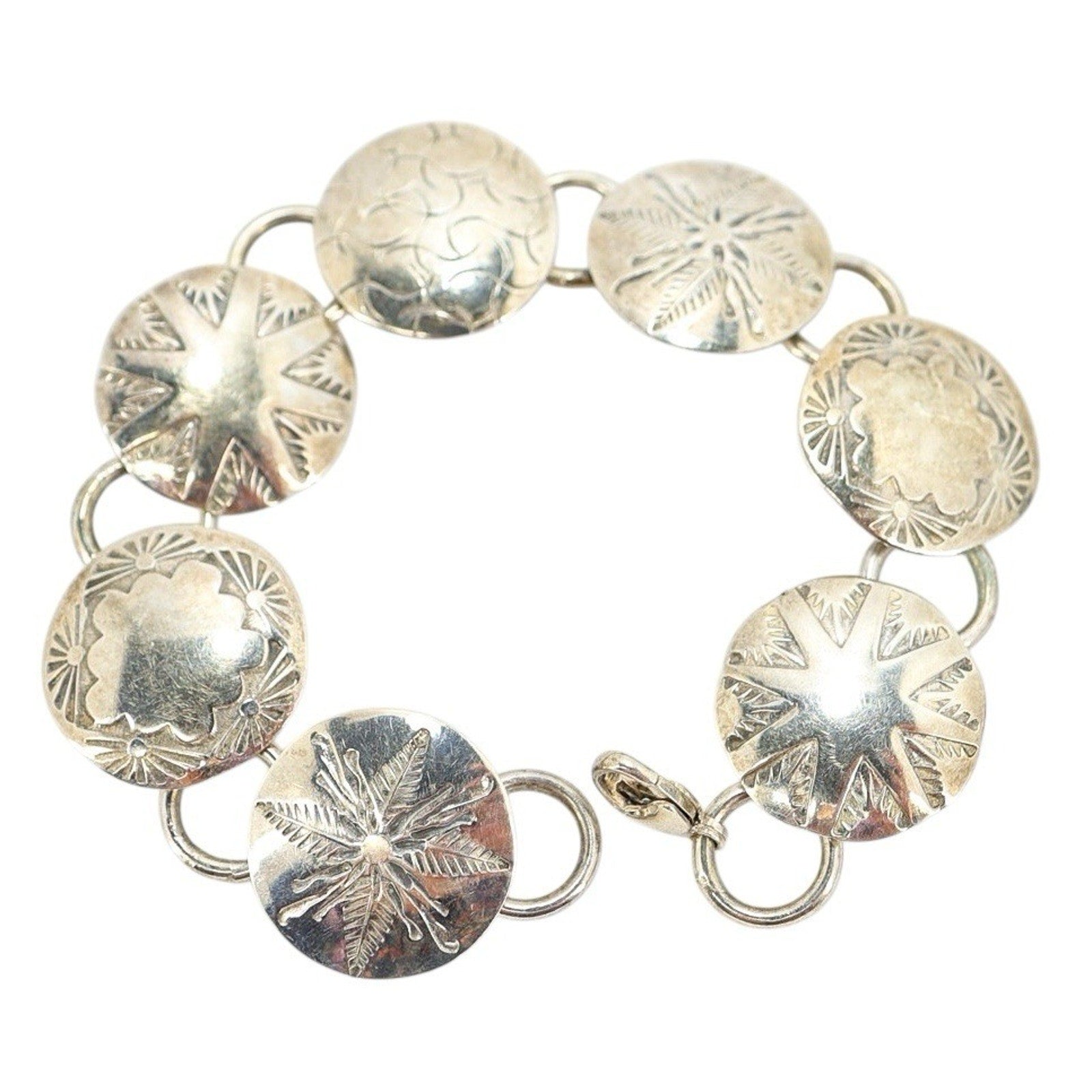 Sterling Silver Concho Bracelet Stamped Each Link Lobster Clasp Starburst 19.8g