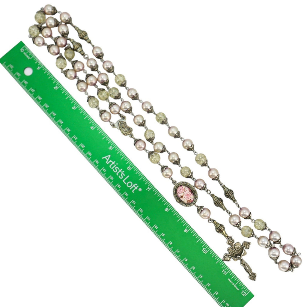 Vintage Large Display Ceremonial Ornate Rosary Faux Pearl & Crackle Glass Beads