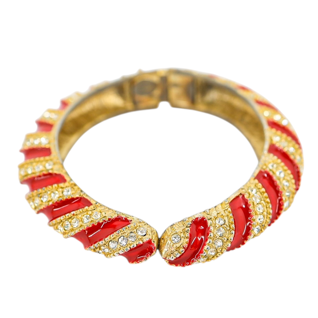 Vintage 1980s Les Bernard Red Enamel & Crystal Swirl Bangle Bracelet