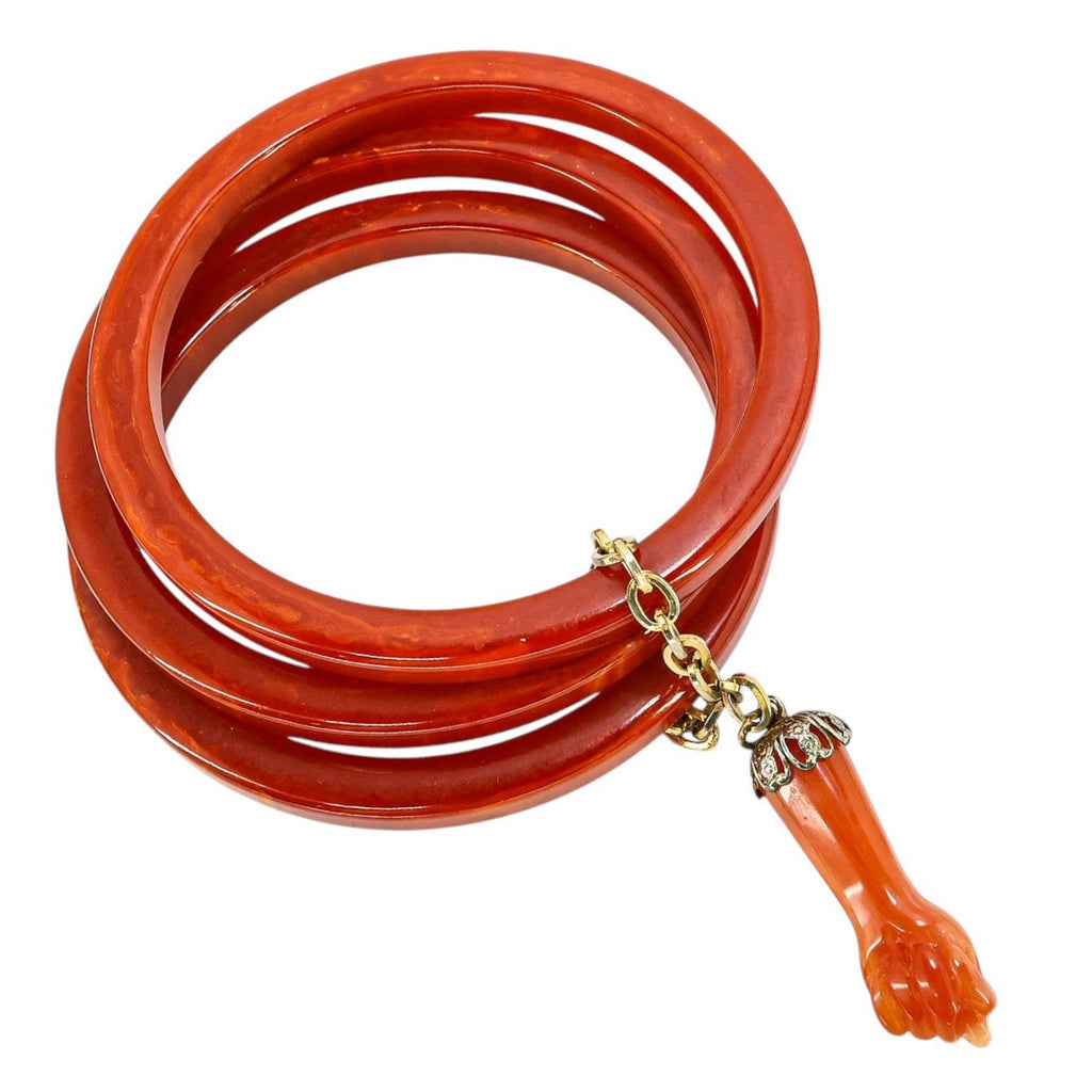 Vintage Bakelite Bangle Stack W Lucite Manu Fica Figa Charm Marbled Red