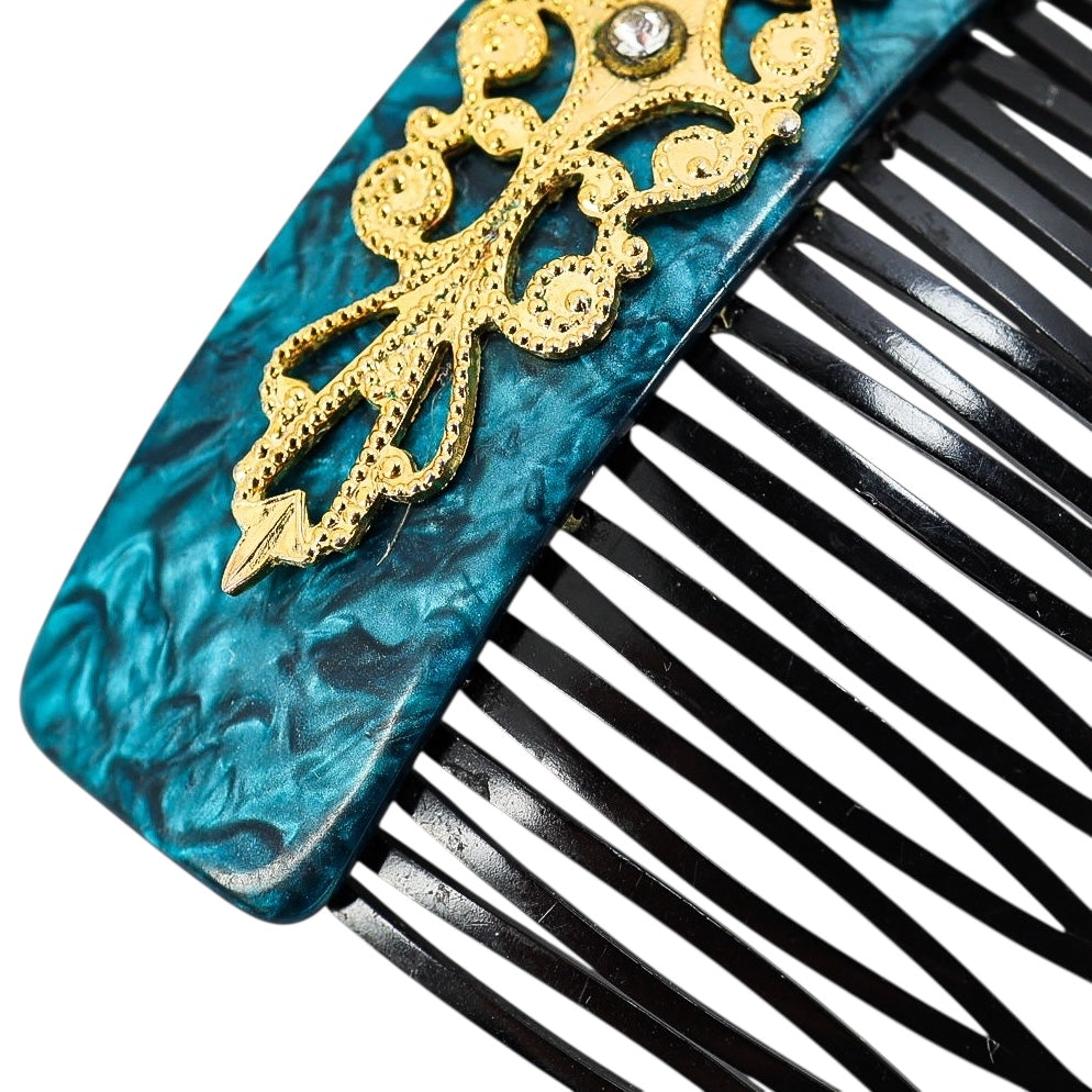 Vintage 30s–50s French Hair Comb Teal Marbled Acetate Applied Filigree