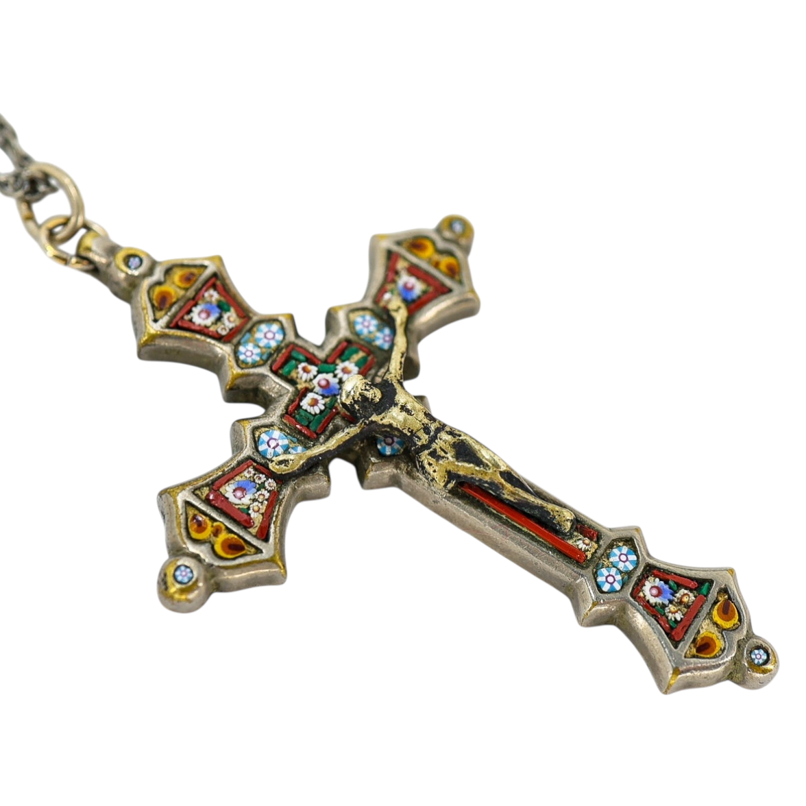 Vintage Italian Micro Mosaic Crucifix Pendant Necklace