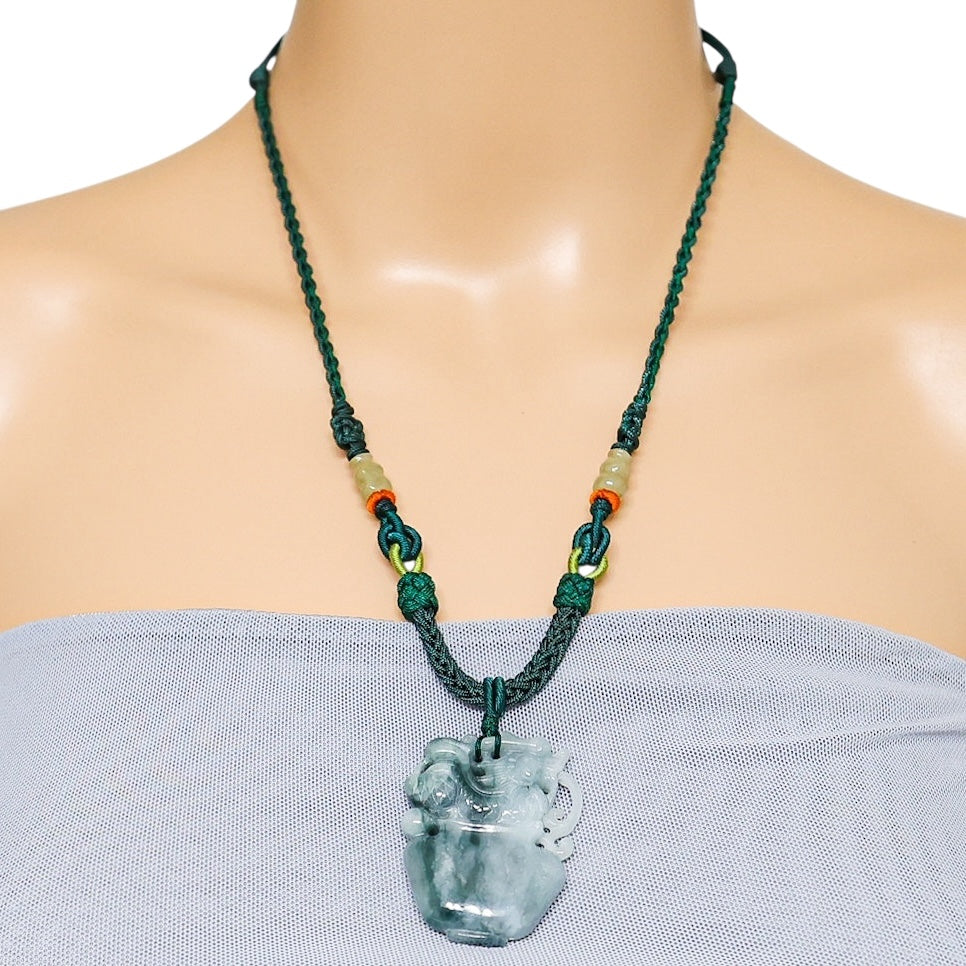 Undyed Jade Jadeite Carved Dragon Vessel Pendant Necklace 1.75 in x 1.3 in 30 G