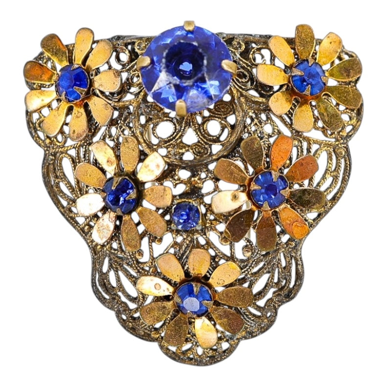 Vintage 1930s Blue Rhinestone Filigree Brass Flora Fur Clip / Dress Clip