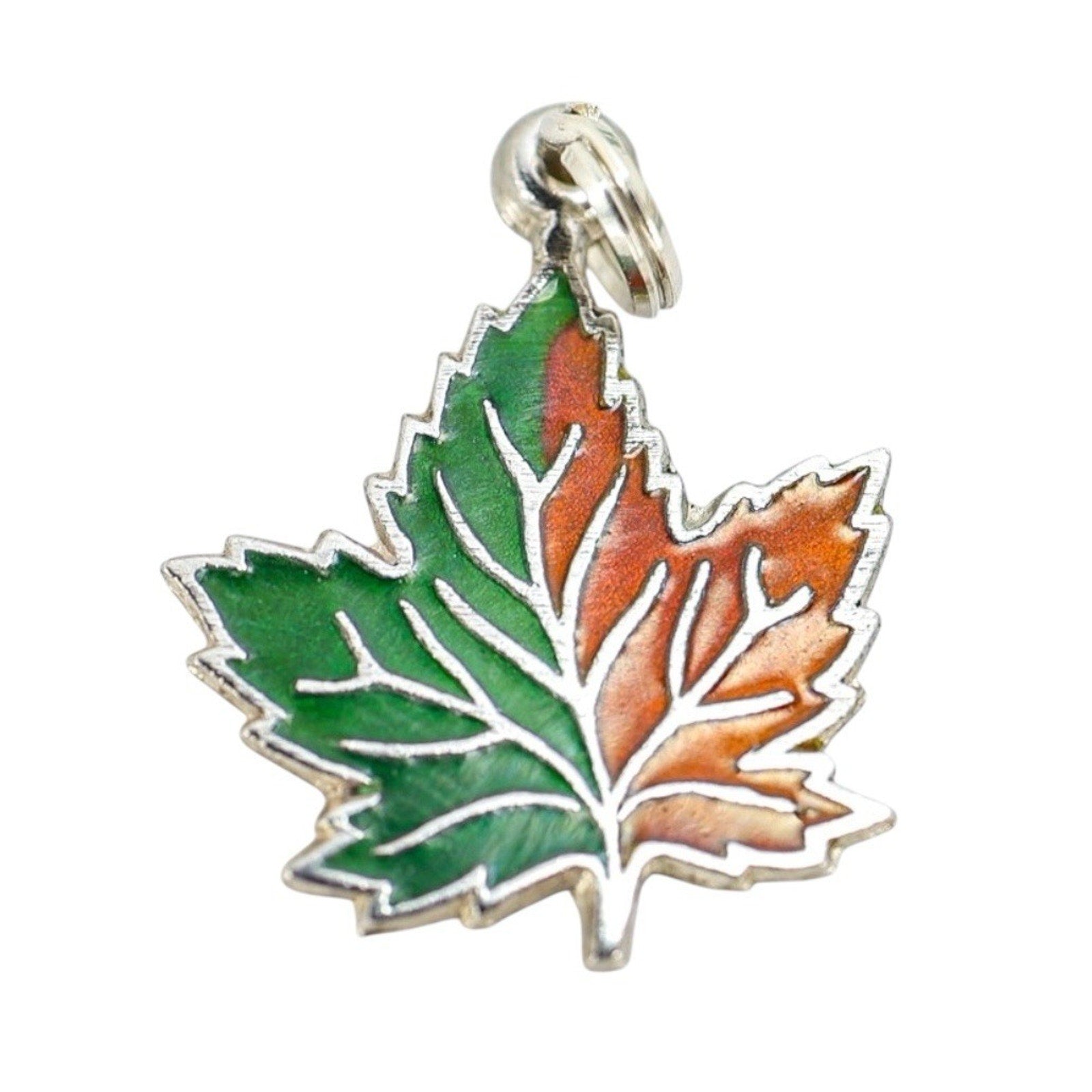 Vintage Wells Sterling Silver & Enamel Maple Leaf Charm Split Ring Bail Canada
