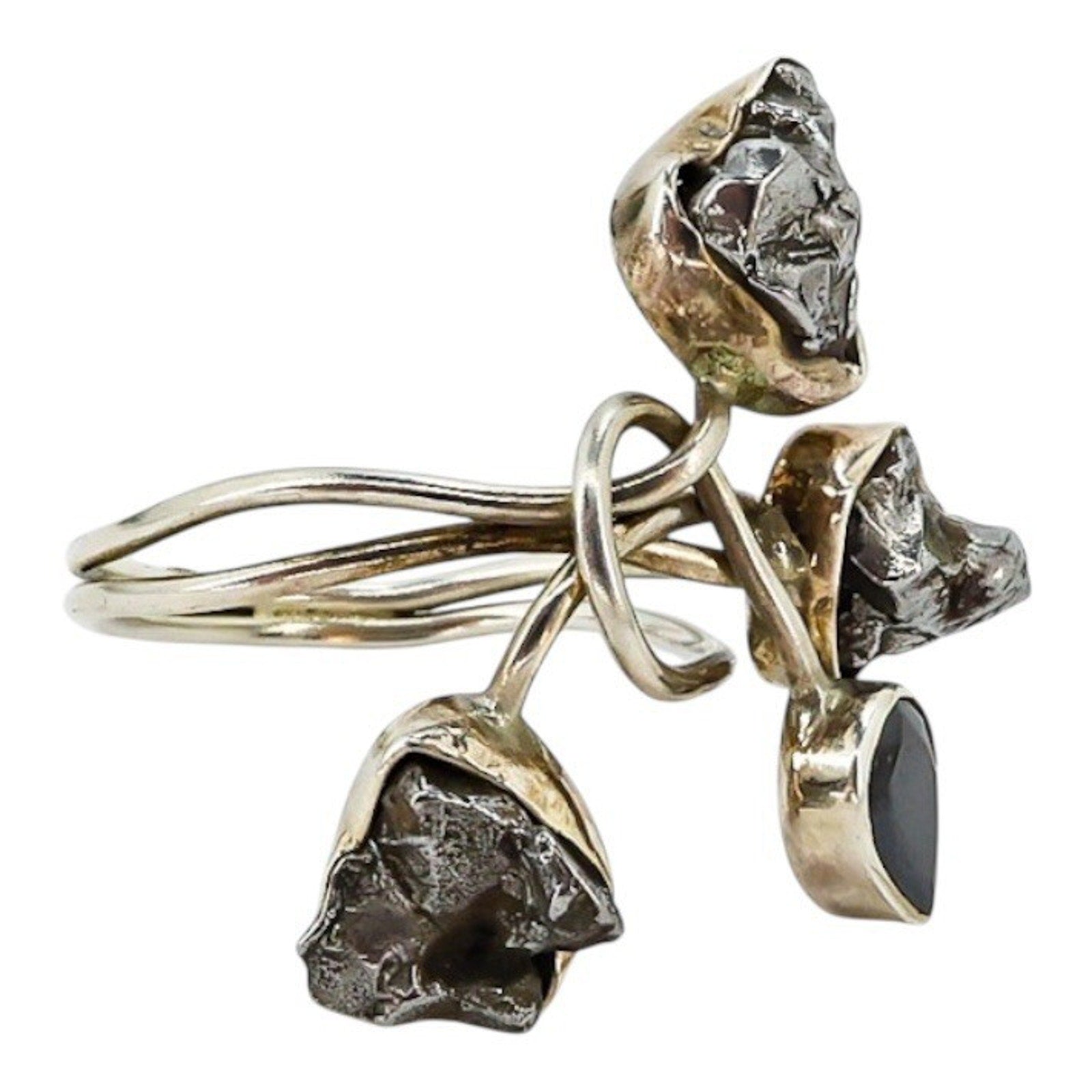 Sterling Artisan Ring Brutalist Organic Modernist Raw Stones Faceted Black Gem