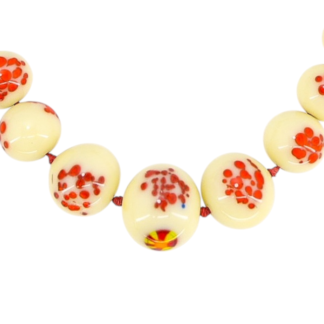 Vintage 1930s Venetian Custard Uranium Glass Necklace – Red Frit Beads, UV Reactive