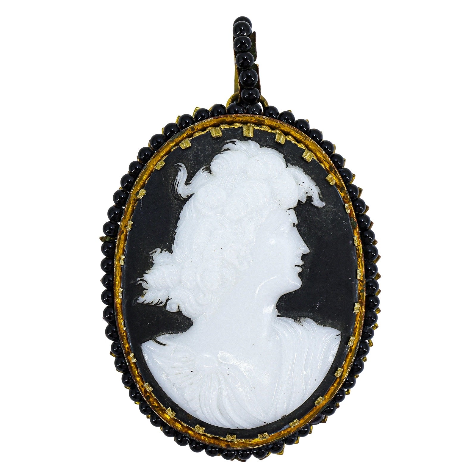 Vintage Signed Czechoslovakia White Molded Glass Cameo Pendant With Black Background