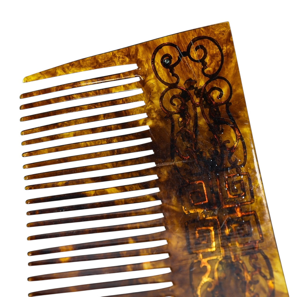 Vintage Art Deco Faux Tortoise Acetate Hair Comb Applied Filigree & Rhinestones