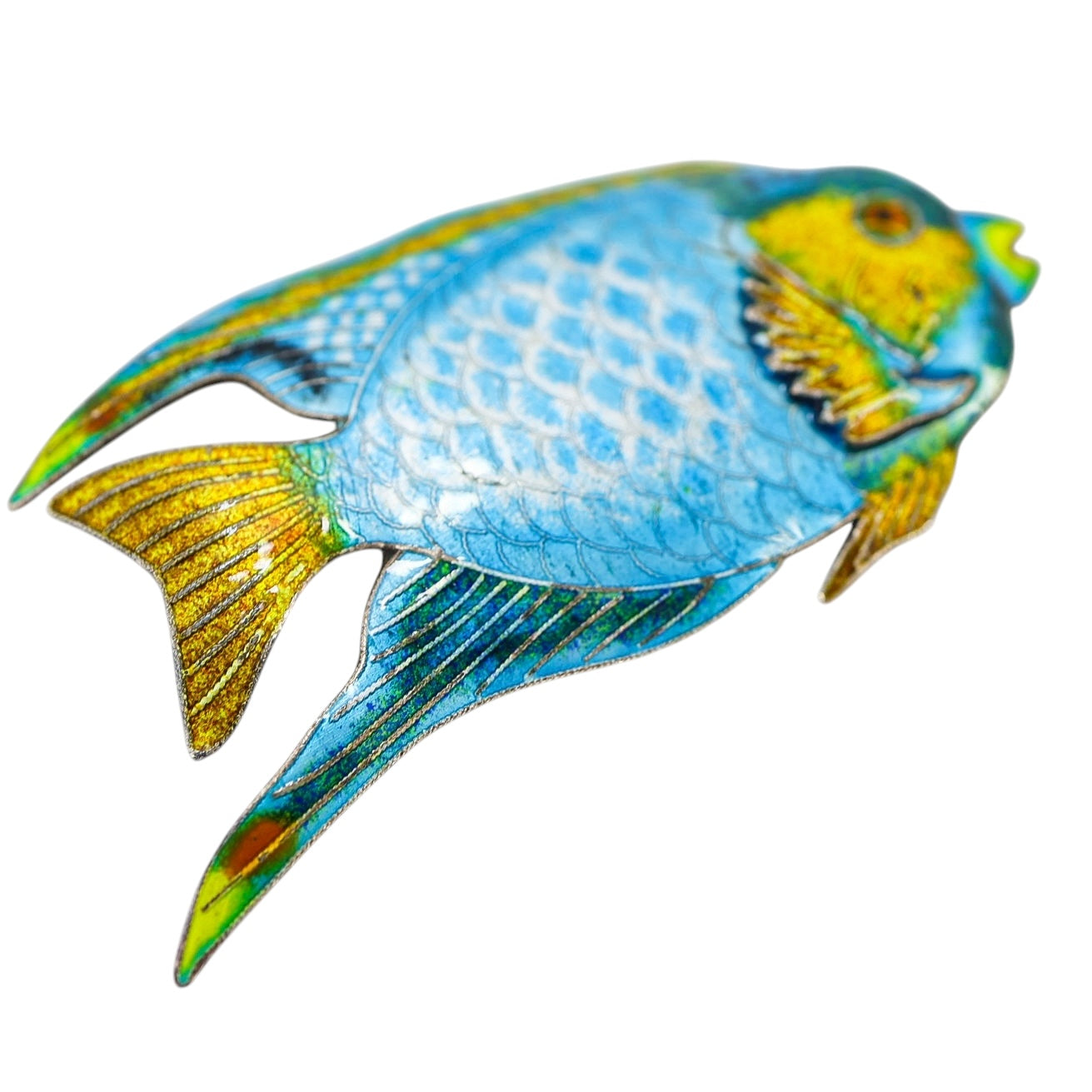 Vintage Blue Enamel Tropical Angel Fish Brooch Silver Plated