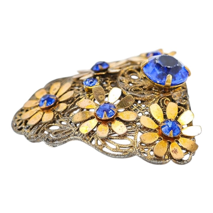 Vintage 1930s Blue Rhinestone Filigree Brass Flora Fur Clip / Dress Clip