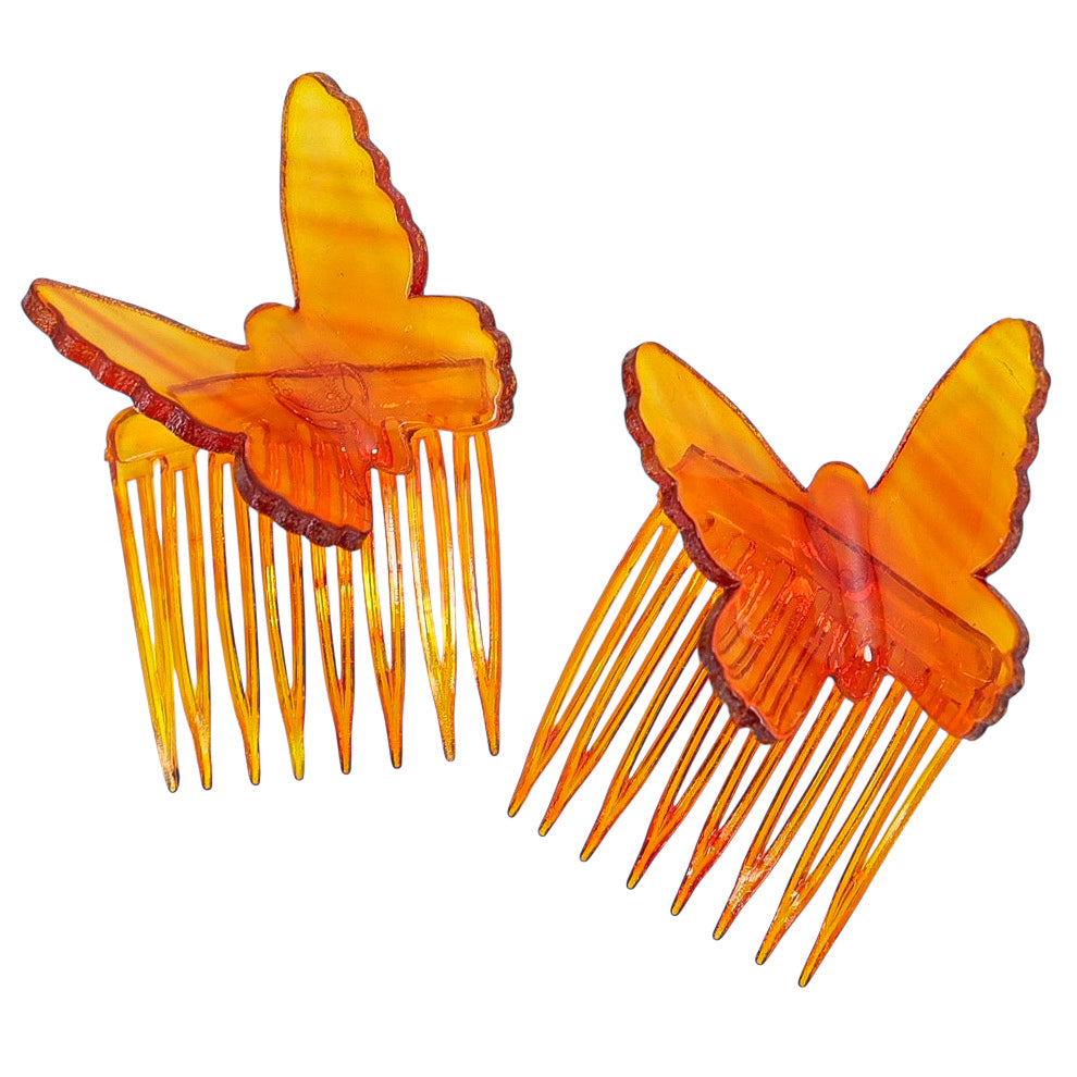 Vintage Amber Celluloid Butterfly Hair Combs, Made in USA – 1940s Factory-Split Pair from Single Mold