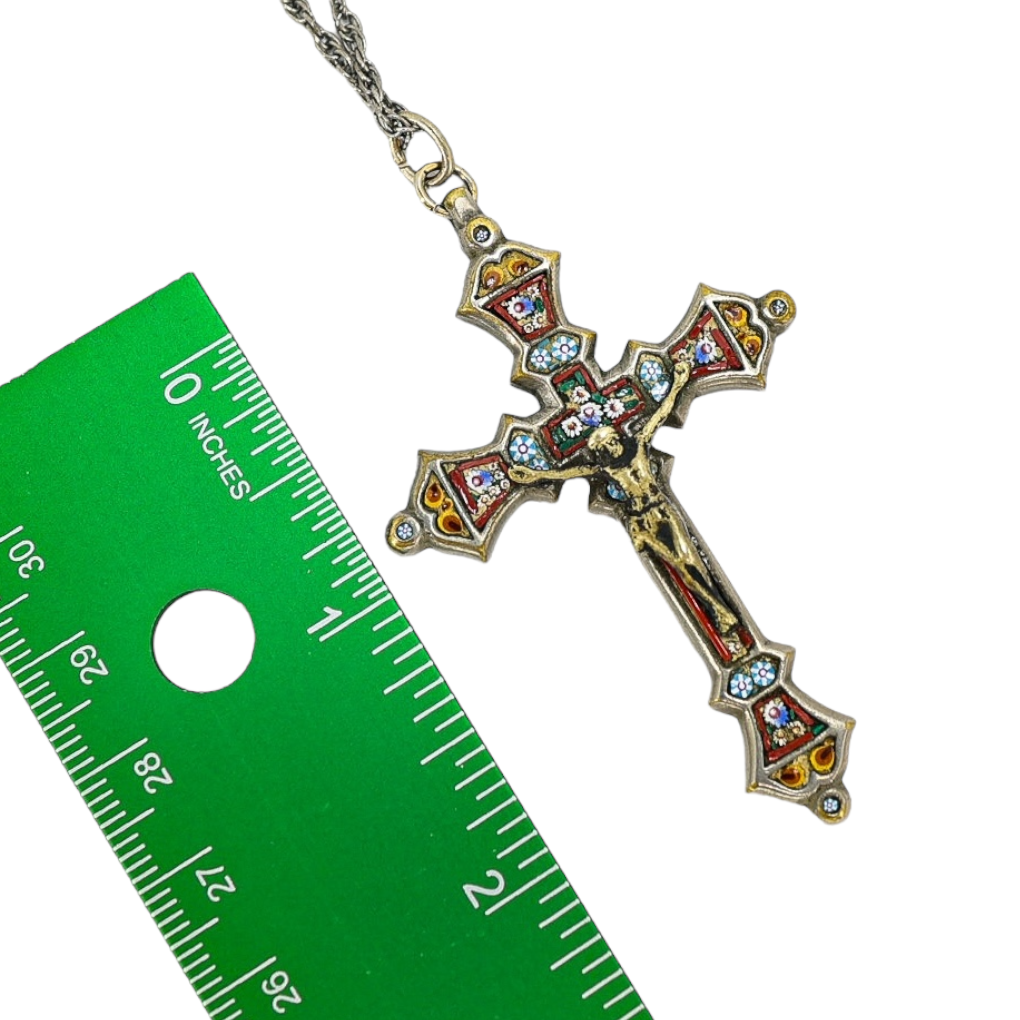 Vintage Italian Micro Mosaic Crucifix Pendant Necklace