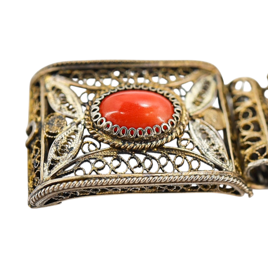 Vintage 1930s Italian Gilded 800 Silver Filigree Bracelet with Natural Coral – Firenze Maker
